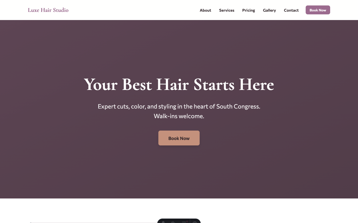 Screenshot of Luxe Hair Studio website — Hair salon with price list, before & after gallery, and online booking