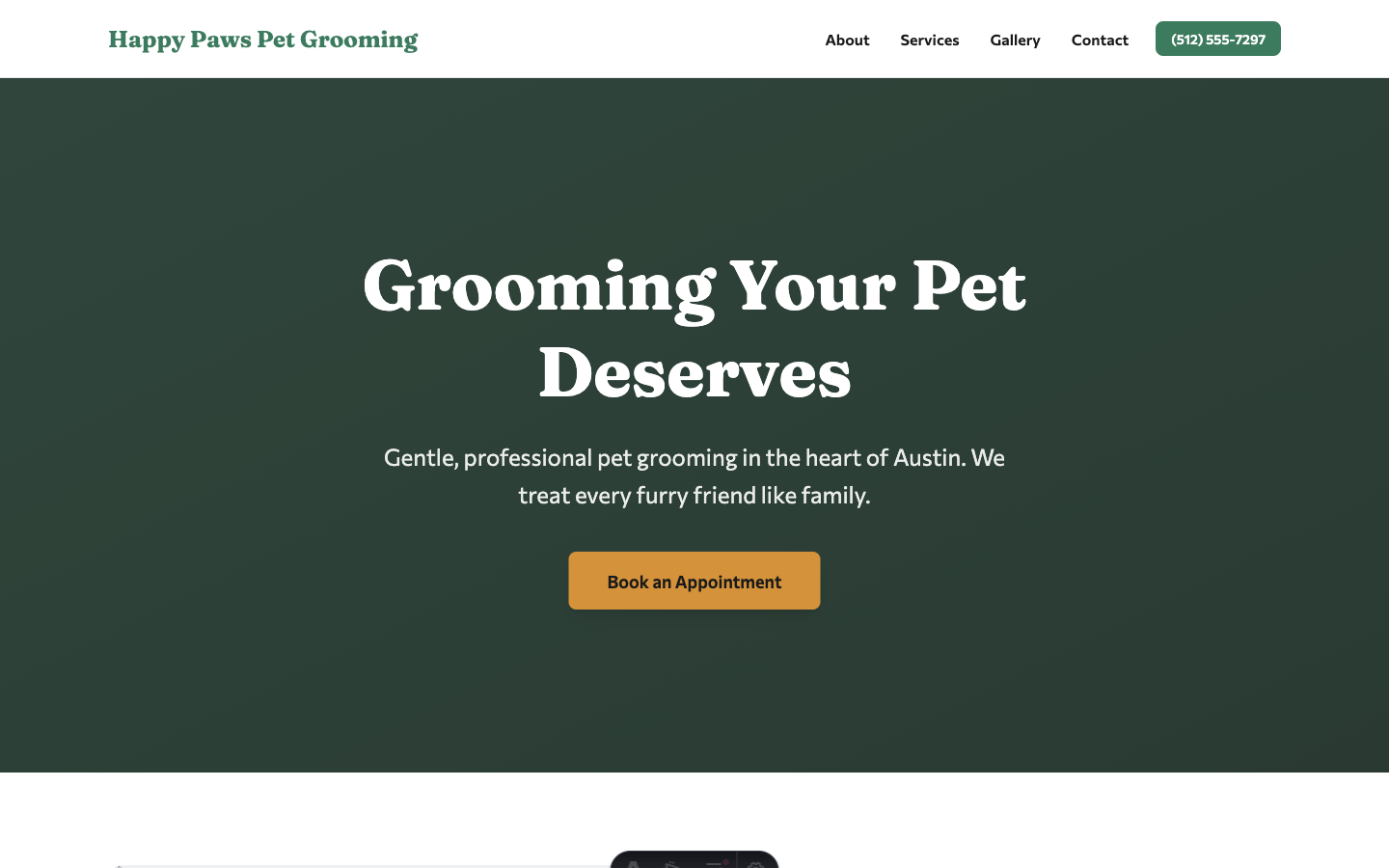 Screenshot of Happy Paws Pet Grooming website — Pet grooming with services, gallery, and contact form