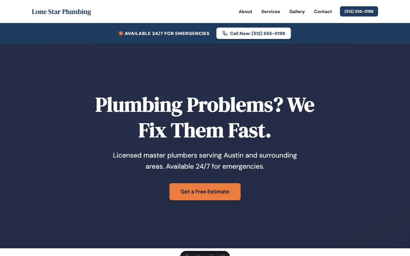 Screenshot of Lone Star Plumbing website — Plumbing company with emergency CTA, service areas, and certifications