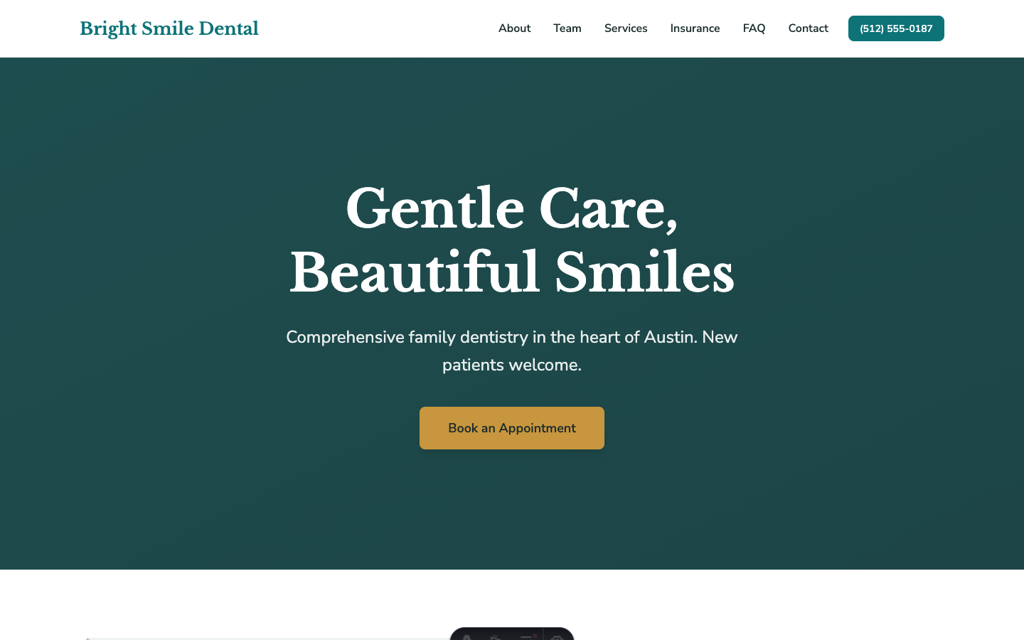 Screenshot of Bright Smile Dental website — Dental practice with team profiles, insurance info, and patient FAQ