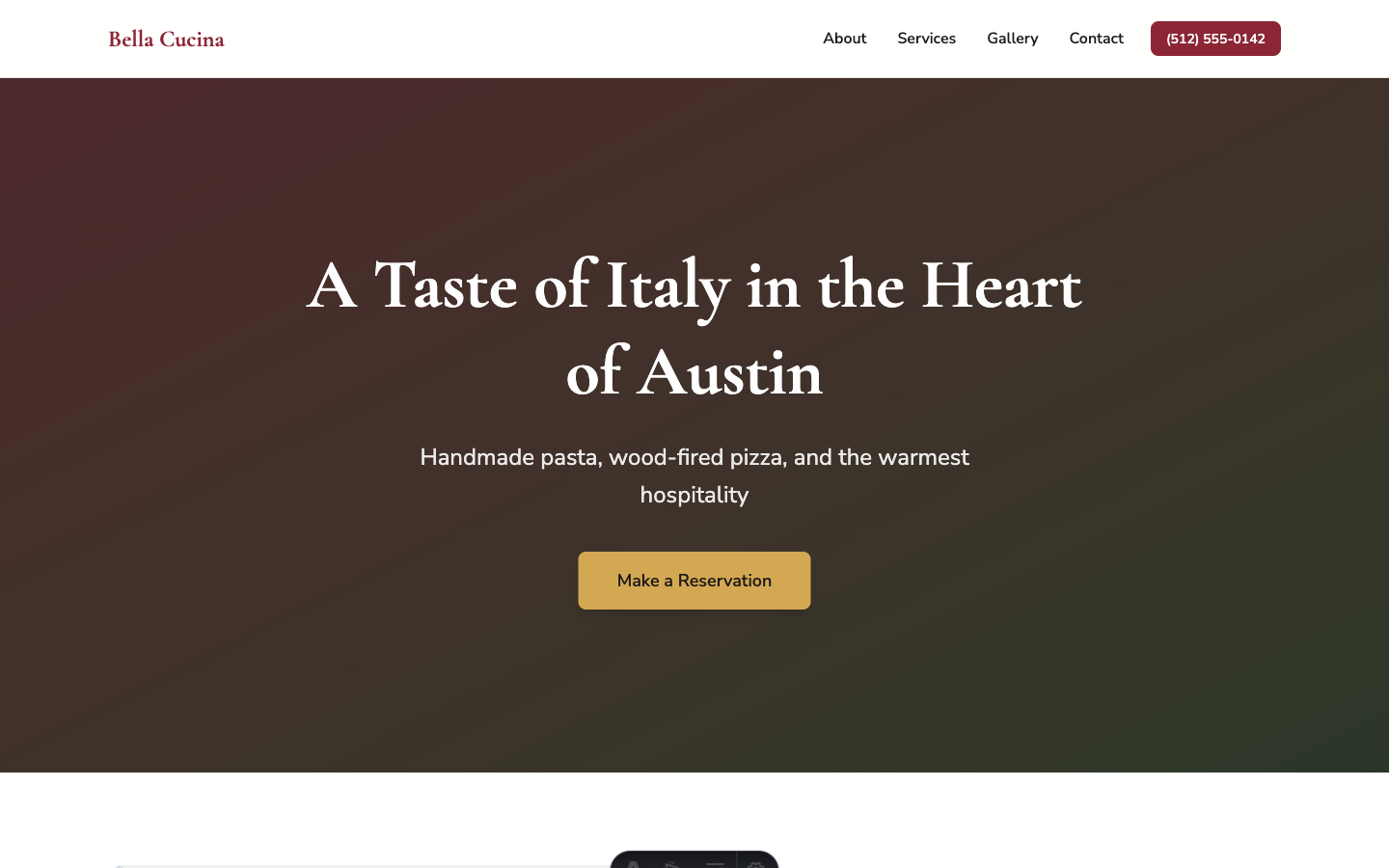 Screenshot of Bella Cucina website — Italian restaurant featuring online menu, reservations, and hours